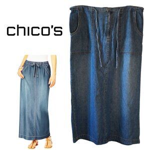 Chico’s, Vintage Drawstring Back Slit Maxi Jean Skirt, Medium Wash, Blue